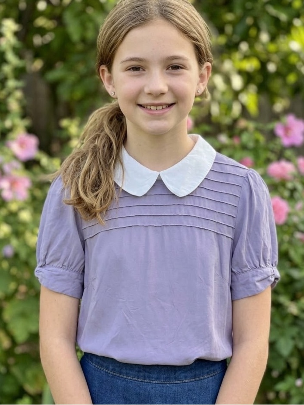 Girls' Lilac Blouse with White Peter Pan Collar